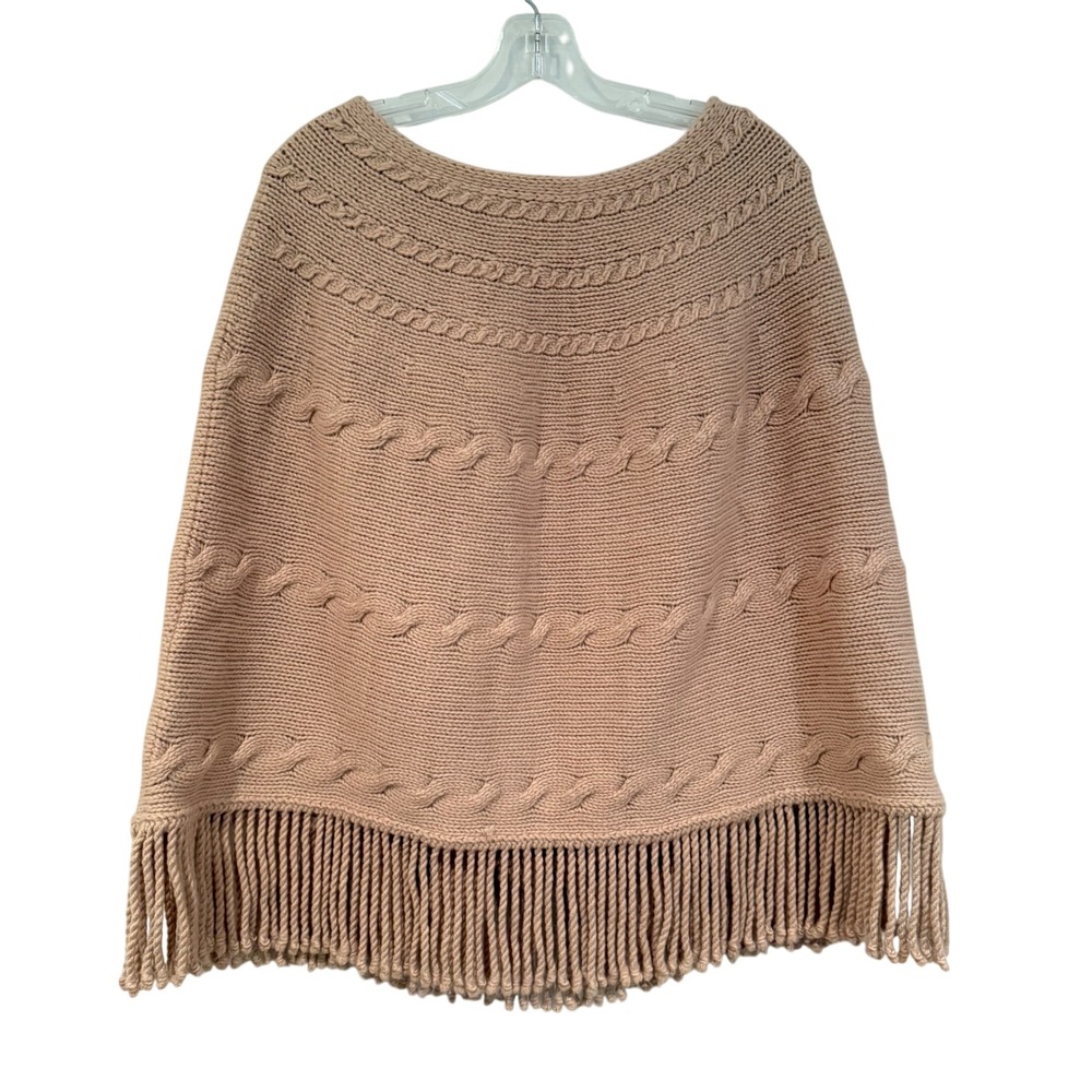 Lands' End Cable Knit Wool Poncho Women's S/M Beige Western‎ Fringe Boho Hippie - Picture 4 of 6